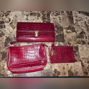 3pcs VINTAGE Etienne Aigner Red Crocodile-Emboss Wallet Makeup Bag Gold & Coin
